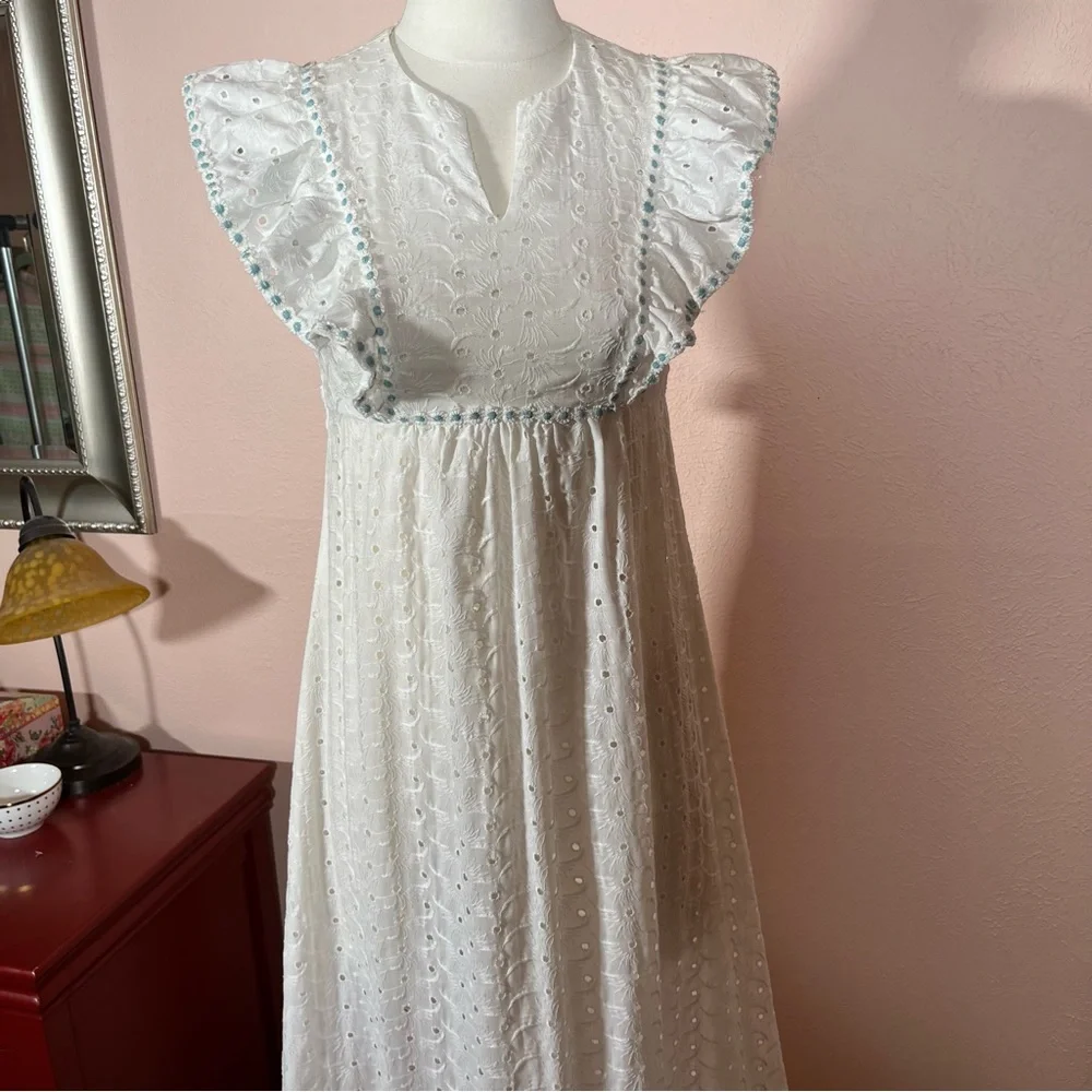 Vintage 60 70 Cottagecore White Eyelet Lace Ruffle Sleeve Praire Maxi Dress - Picture 17 of 17